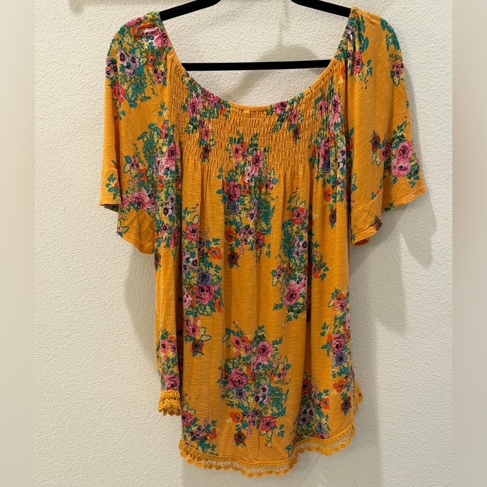 Eyeshadow XL Mustard Floral Peasant Top Boho Off Shoulder Lace Hem - Picture 3 of 5